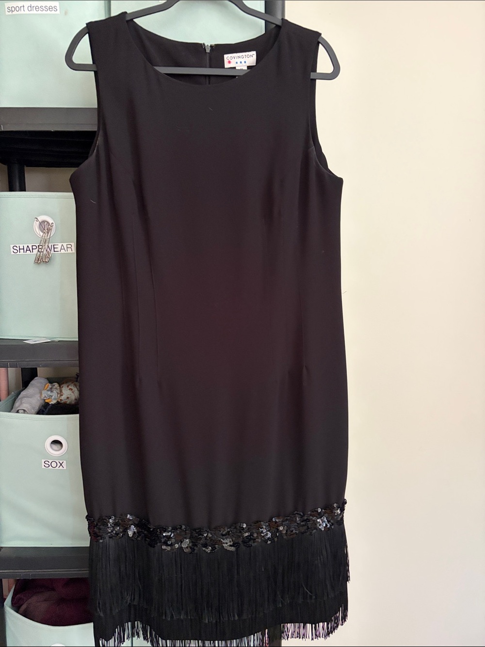 Covington Black Sleeveless Dress with Sequin Fringe Hem